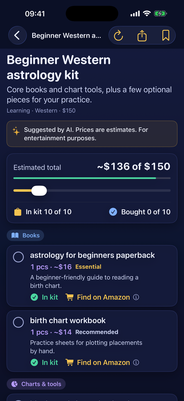 AstroCaddy result screen: an astrology kit built to a $150 budget, by category