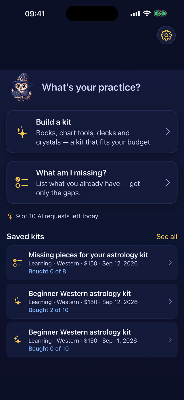 Saved kits list